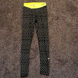 Nike Black and Neon Yellow Striped Leggings